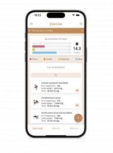 Phone mockup displaying Victu app workout analytics with exercise hours split into strength, cardio, flexibility, and rest.
