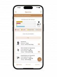Mockup de móvil con gráficas de horas de ejercicio en Victu App, divididas en fuerza, cardio, elasticidad y descanso.